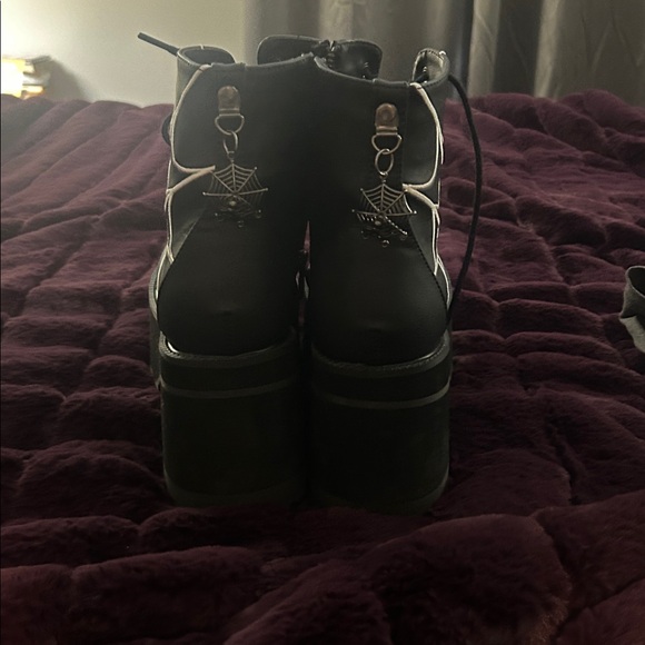 Demonia Black Platform Boots with White Web Design - Picture 2 of 3